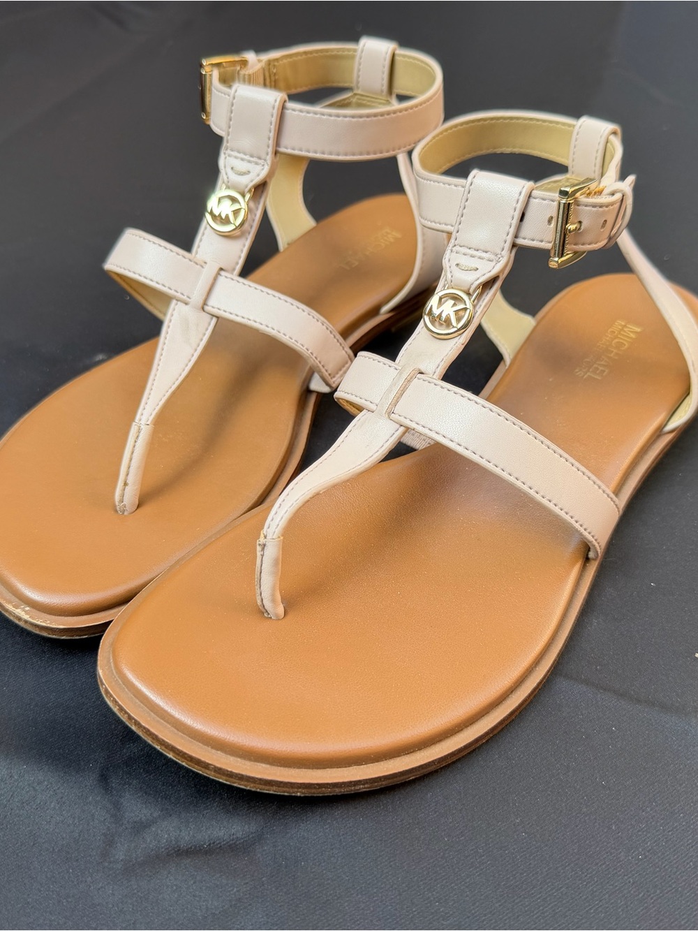 Michael Kors Beige and Tan T-Strap Leather Sandals